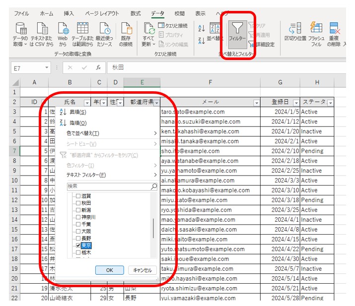 フィルター機能を使って特定のデータを抽出している様子