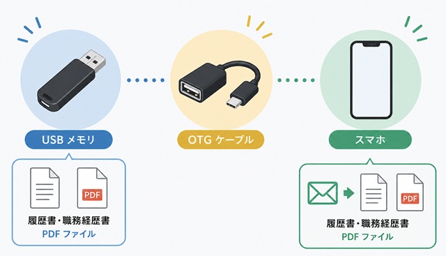 USBメモリからOTGケーブルを経由してスマートフォンへデータを送るイメージ図